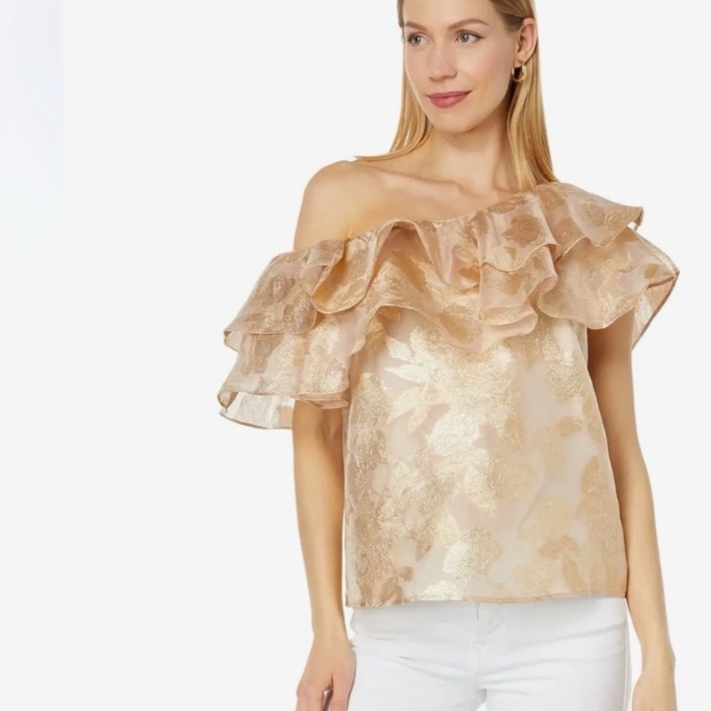 Lilly Pulitzer Trixie One Shoulder Gold Organza Brocade Top Small NWT Resort - Picture 3 of 9